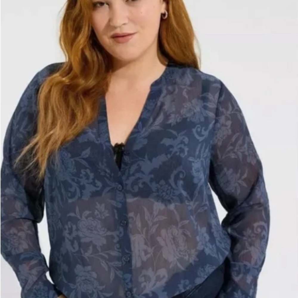 Torrid Chiffon Blue Floral Button-down Blouse Size 2